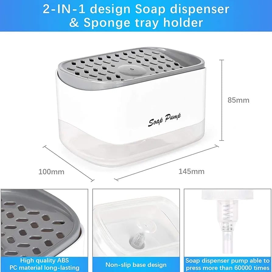 Dish Soap Dispenser and Sponge Holder for Kitchen Sink, 2023 Newest 2-in-1 Soap Pump Dispenser, 13 Ounces, Sponge Included.